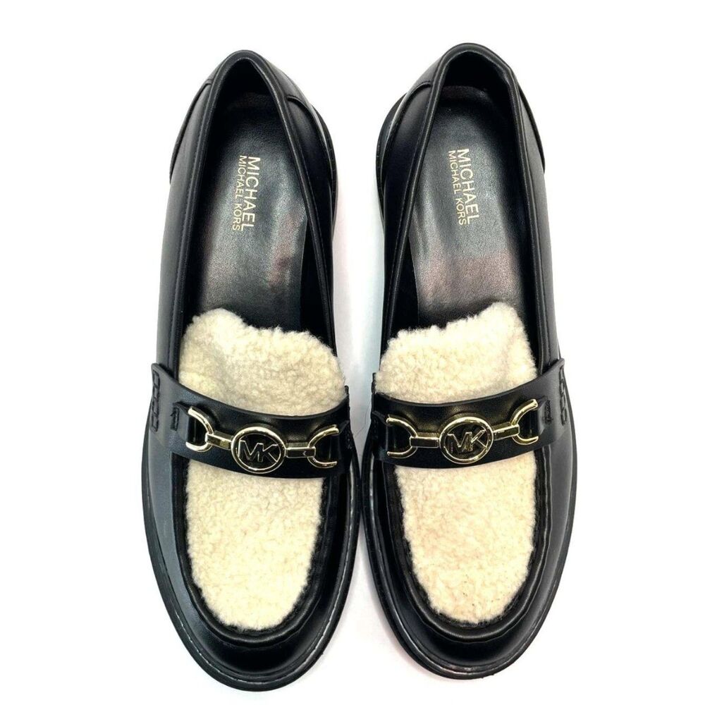 Michael Kors Black & Cream Shearling Logo Loafers Women's Size 8.5M